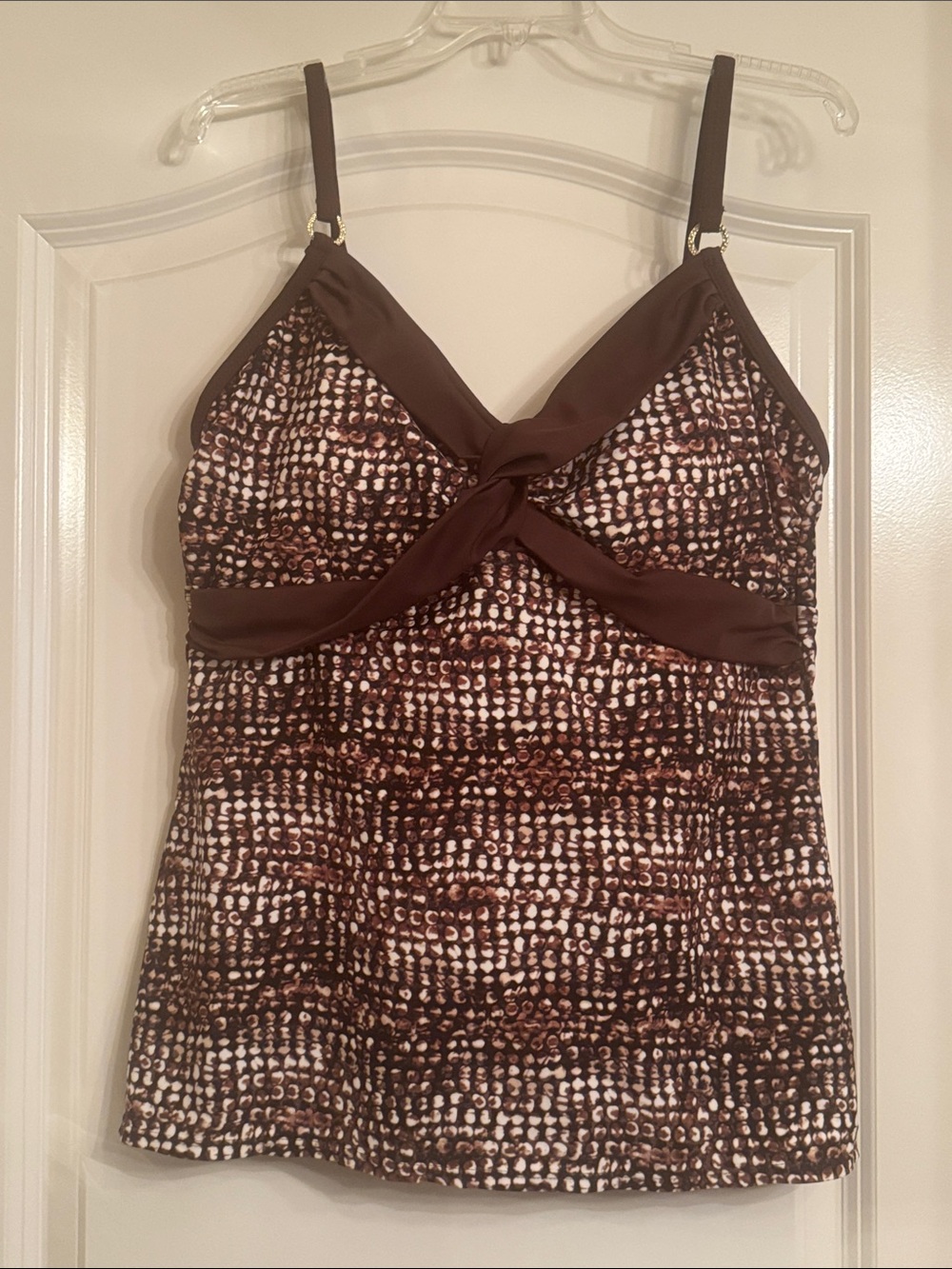 Brown Patterned Twist-Front Tankini Top